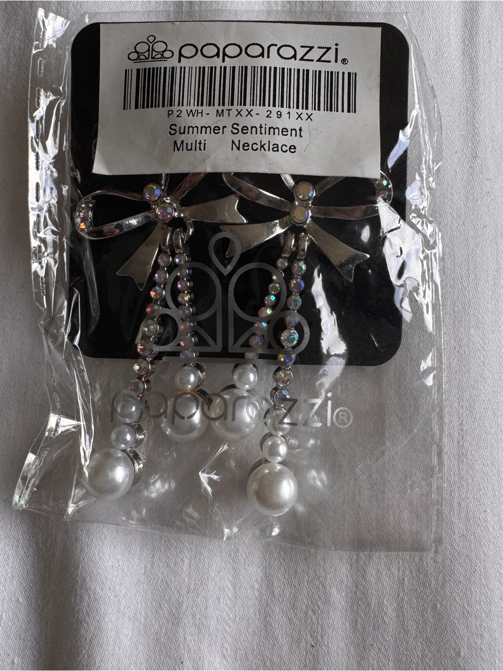 Paparazzi White Pearl and Multi-Color Bow Drop Earrings